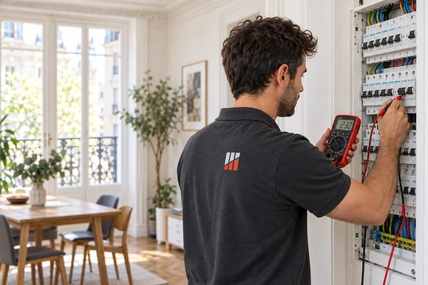 Électricien indépendant contrôlant un tableau électrique au multimètre dans un appartement de Levallois-Perret (92300)