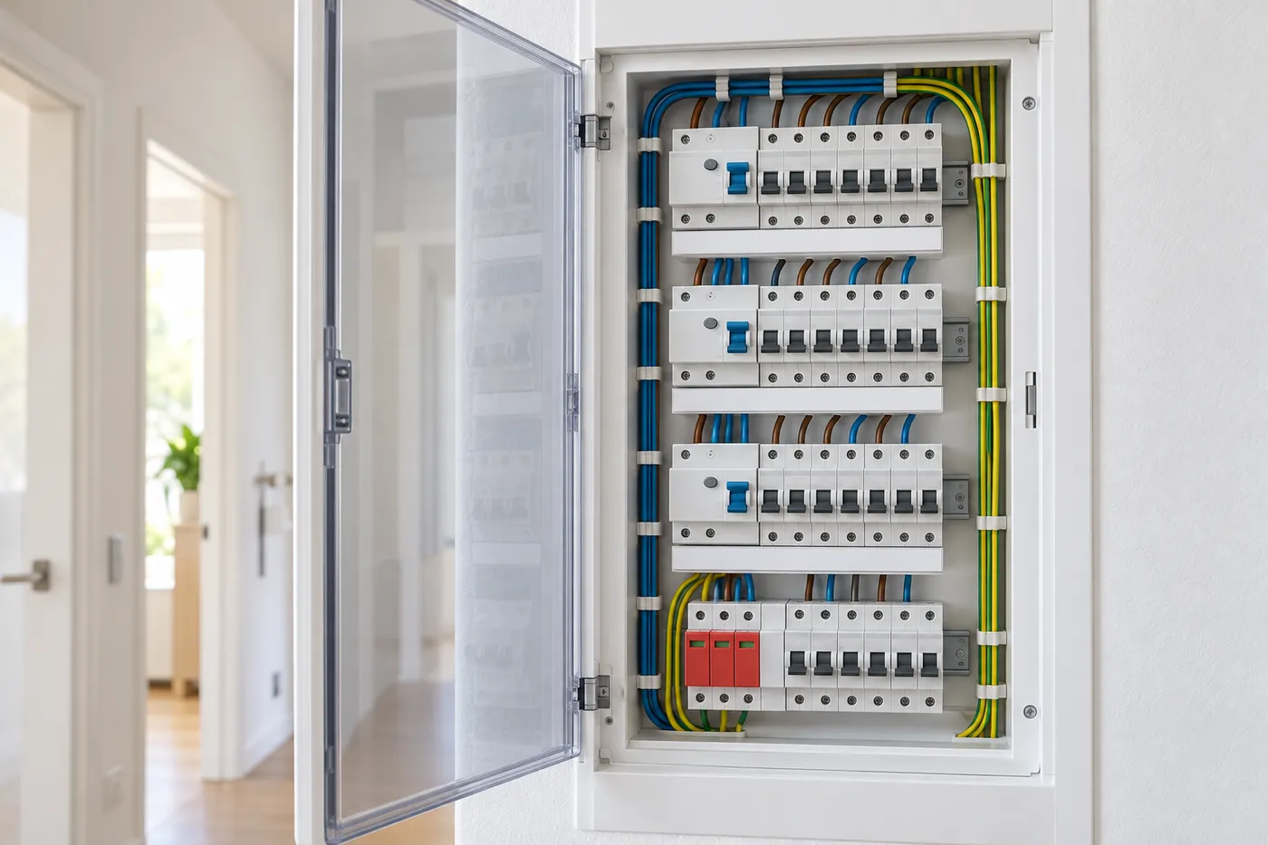 Tableau électrique neuf à disjoncteurs et différentiels, câblage peigné et rangées repérées, dans un appartement